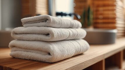 Neatly folded stack of soft white towels on wooden bathroom shelf in bright spa-like clean atmosphere