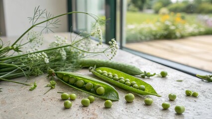 Fresh green peas and herbs arranged aesthetically in a bright kitchen.