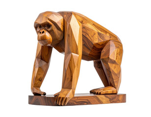 Minimalist Geometric Wooden Orangutan Sculpture with Smooth Polished Finish, Front View, Isolated on Transparent Background