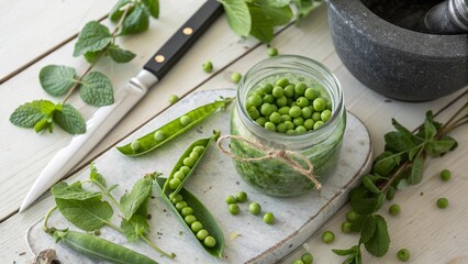 Fresh green peas and herbs arranged aesthetically in a bright kitchen.