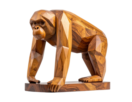 Minimalist Geometric Wooden Orangutan Sculpture with Smooth Polished Finish, Front View, Isolated on Transparent Background