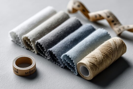 Colorful fabric swatches with measuring tape and thread spool on gray background