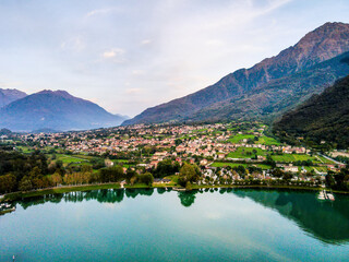 Aerial nature landscape sunset Piona village in Lake Como Italian Alps mountains in Lombardy