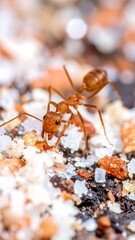 Close-up of a reddish-brown ant foraging on small bits of food