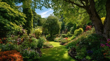 a photograph of a calm and pleasant garden with green trees vibrant flowers