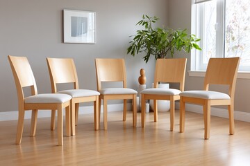 Contemporary dining room chairs: light wood, upholstered seats, minimalist design