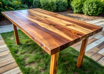 Beautiful natural brown wooden dining table outdoors patio furniture warm ambiance