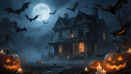 A haunted house full moon bats jack o lantern candle spooky halloween night eerie foggy dark scary autumn tree horror