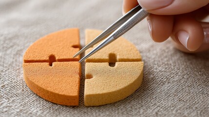 Person arranging circular sponge with tweezers in analytical process close-up