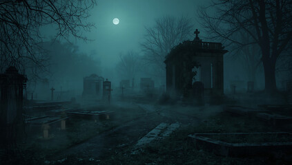 Eerie Graveyard Scene Under the Moonlight Haunting Atmosphere Cemetery Landscape Mist and Shadows Mysterious Night Creepy Tranquility
