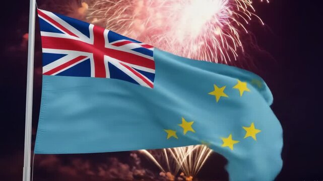tuvaluan flag waving against night sky, illuminated by vibrant fireworks reflecting on water. national celebration, tuvalu independence day, patriotic event, travel