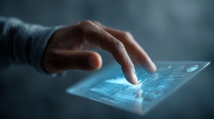 Close up of a businessmans hand interacting with a transparent tablet, navigating holographic data and charts in a dark, tech driven environment, illustrating digital innovation