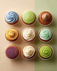 Obraz premium Assorted cupcakes with colorful frosting arranged in a grid pattern