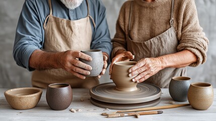 Mature caucasian couple crafting pottery in studio with clay bowls and ceramic cups