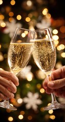 Two champagne flutes clinking together, festive and celebratory, against a backdrop of sparkling Christmas lights.