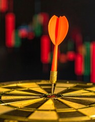 Close-up of dart hitting bullseye on dartboard; market graphs in background
