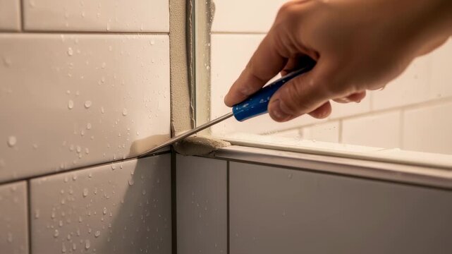 Side angle view of precision grout application in a corner tile joint inside a tiled shower enclosure.