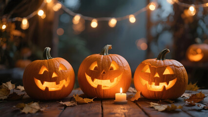 Fototapeta premium A three carved pumpkins with glowing faces and candle create festive halloween atmosphere on wooden table outdoors