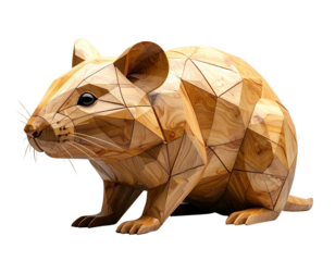 Minimalist Geometric Wooden Rat Sculpture with Smooth Light Wood, Front View, Isolated on Transparent Background