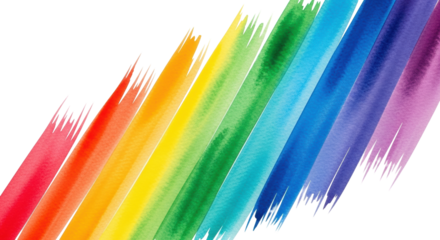 Vibrant watercolor diagonal rainbow spectrum with natural texture, pigment granulation against transparent with copy space, artistic creativity and vibrant energy