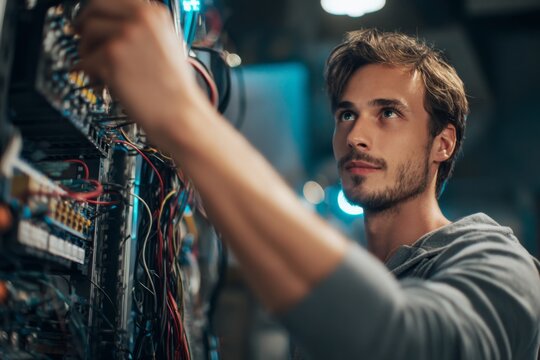 A young technician is focused on adjusting wires in an electrical panel. The setting is a dimly lit tech facility filled with equipment - Powered by Adobe