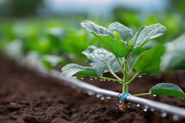 Drip irrigation system on young green plant in fertile soil
