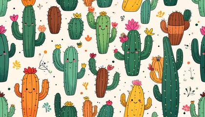 Cute cactus pattern with various colors and small flowers
