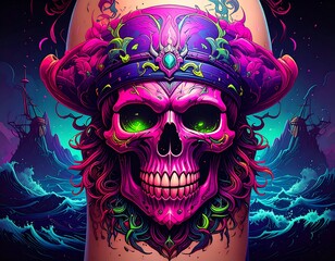 Vibrant skull in pirate hat, stormy seas