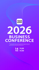 Flowing blue and purple wireframe lines create a futuristic background for a '2026 Business Conference' poster. This abstract tech design is ideal for a digital innovation or data summit.