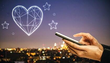 Neon Wireframe Heart and Stars Mobile Wallpaper