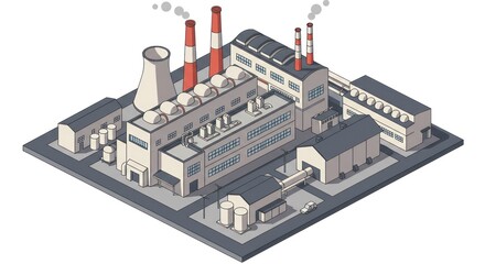 Isometric Factory with Red Striped Chimneys Emitting Gray Smoke