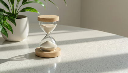 Minimalist sand timer with frosted glass on stone table with thoughtful reflective light with copy space