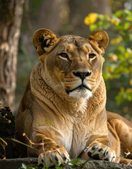 Obraz premium A regal lioness rests peacefully, her golden fur highlighted by the dappled sunlight filtering through the trees.