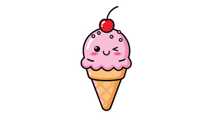 Cute Pink Ice Cream Cone with Cherry Topping and Winking Face.