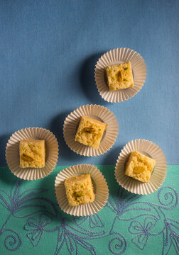 Mysore Paak - a popular Indian sweet garnished with pistachio nuts. View from above.