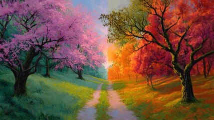 Vibrant path through a magical forest with trees in spring and autumn colors