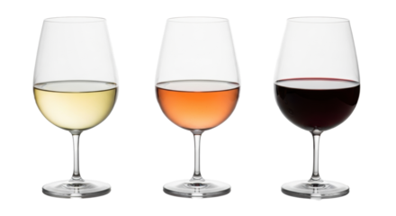 Three elegant crystal wine glasses, with luminous white, delicate rosé, and rich red wines, on a reflective white surface against a pure studio background. Diverse wine selection elegance