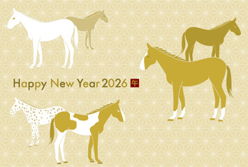 2026年午年の年賀状イラスト（和柄背景にいろいろな種類の馬たち）