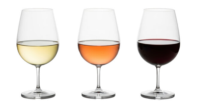 Three elegant crystal wine glasses, with luminous white, delicate rosé, and rich red wines, on a reflective white surface against a pure studio background. Diverse wine selection elegance