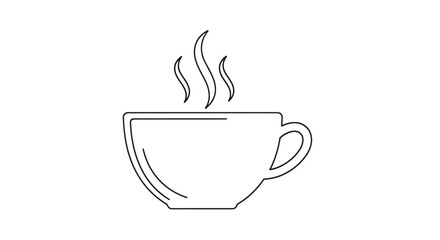 A simple black line art icon of a steaming hot coffee or tea cup.