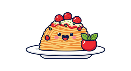 A cute kawaii cartoon of a smiling spaghetti pasta dish with meatballs and a fresh tomato.