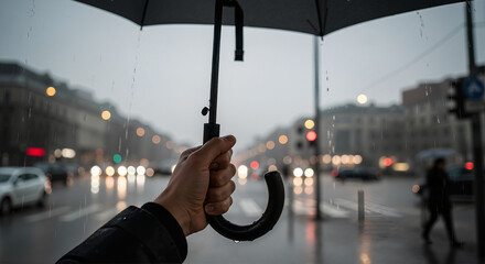 Walking in rain under protection of black umbrella in city center with traffic lights. Walking in rain provides comfort, especially when you have an umbrella for protection on wet urban environment.