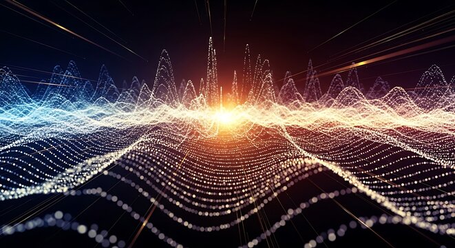 Futuristic glowing data wave landscape of particles and network nodes at horizon. - Powered by Adobe