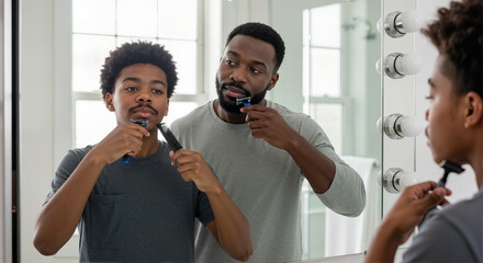 Father and son shaving together in bright bathroom, bonding over grooming routines, sharing a special moment. Father and son replicate their shaving ritual, reflecting in bathroom mirror.