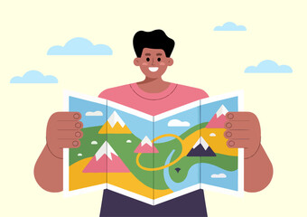 Traveler Holding Map with Mountains and River – Cartoon Vector Illustration of Tourist Exploring Adventure and Journey Concept