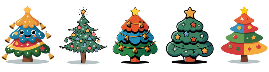 Christmas Tree Vector Sets Collection with Decorations and Ornaments Isolated on White Background