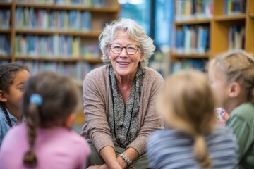 An older woman shares captivating stories with a group of children seated around her in a cozy library. The atmosphere is warm, promoting interaction and joy