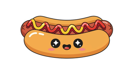 Adorable Kawaii Hot Dog with Starry Eyes and Condiments.