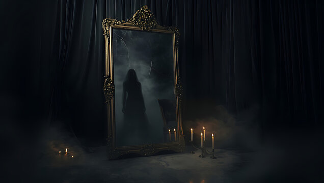 Ornate Mirror Reflecting a Ghostly Figure in a Dark Room Lit by Candles Creating a Spooky and Eerie Atmosphere