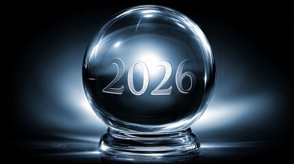 highly stylized illustration of a glowing, spherical orb with the numbers 2026 inscribed on its surface. The orb is a source of soft, pastel light that illuminates a dark, empty space. The image 